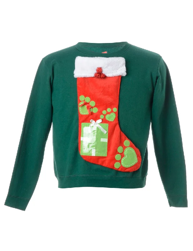 Reworked Novelty Christmas Sweatshirt - L Hoodie with Ribbed Neckline Snug Warm