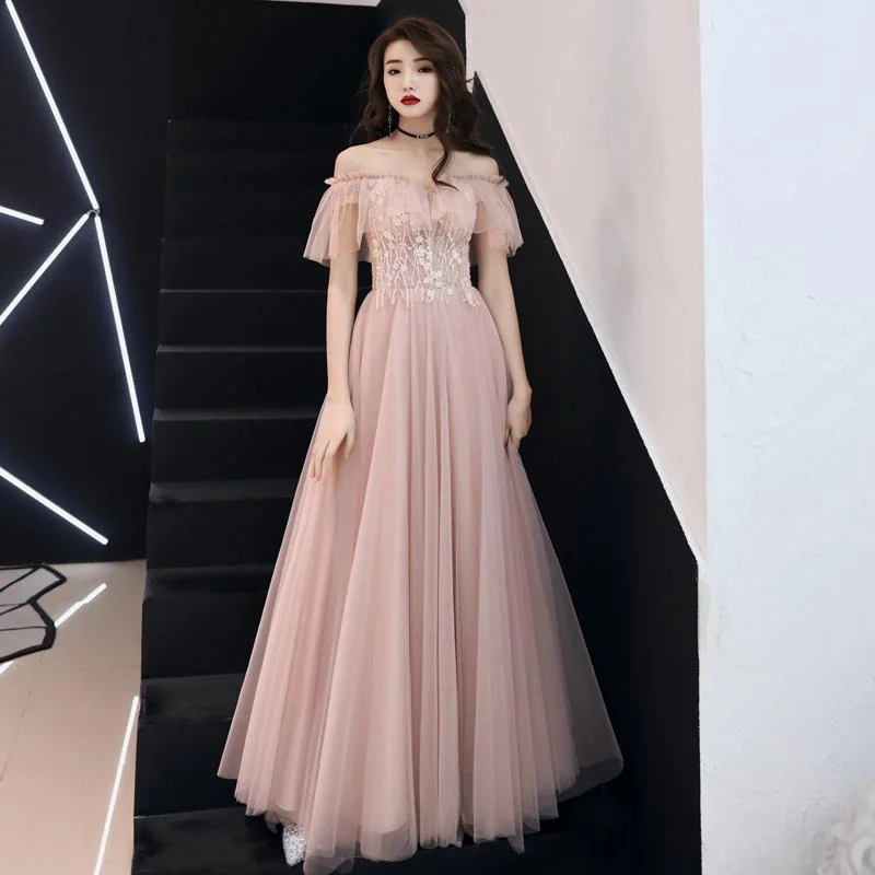 Pink Lace Off Shoulder Tulle A-Line Floor Length Party Dress, Pink Formal Dresses prom Dress        cg23034 Tunics Chic fashionable