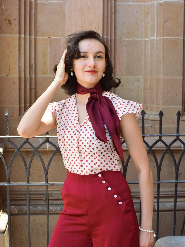 2PCS 1950s Red Polka Dot Blouse & Burgundy Pants Warm Wool Trousers