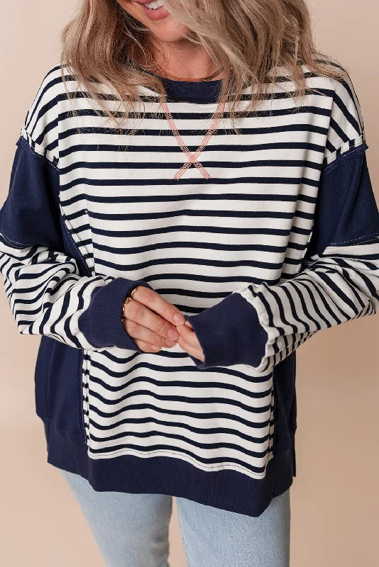 Stripe Color Block Exposed Seam Loose Fit Sweatshirt Hoodie with Hem Ribbing Snug Secure