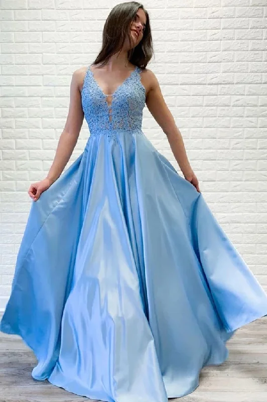 Flowy A-line V Neck Lace Long Prom Dresses Blue Satin Open Back Evening Party Dresses STI15229 Tunics Brand named