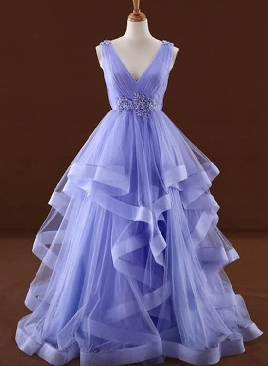 Lavender Tulle V-Neckline Layers Long Sweet 16 Dress, Light Purple Prom Dress Party Dress   cg19681 Mermaid Tail Wedding