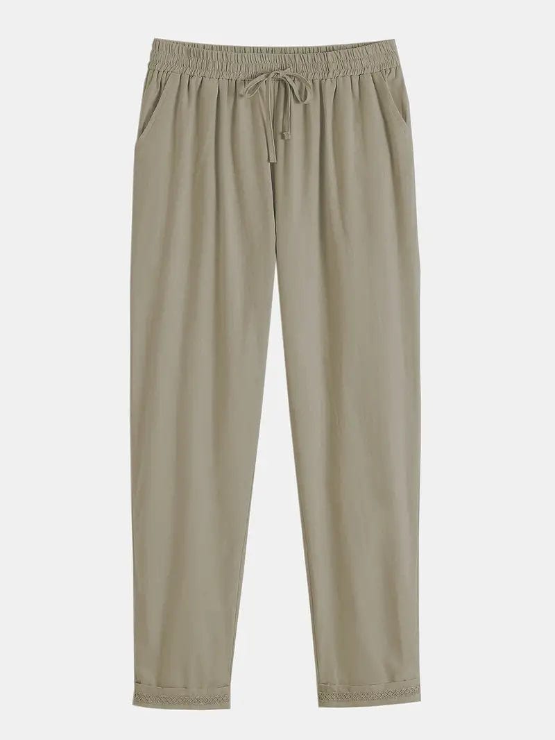 Mid-Rise Linen Pants with Drawstring Casual Plaid Pants