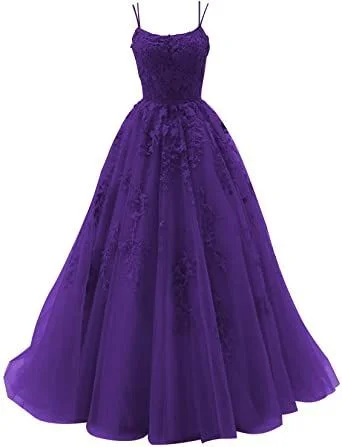 Spaghetti Strap Prom Dresses Long Tulle Lace Appliques Princess Birthday Party Dress Purple    cg24943 Tunics Handmade artisanal