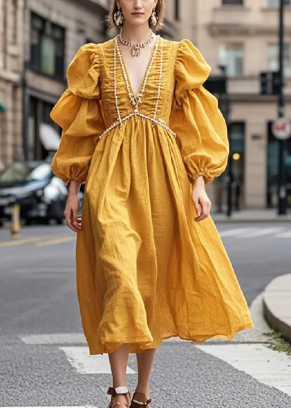 French Yellow Puff Sleeve Nail Bead Wrinkled Cotton Party Dress Tunics Timeless classic