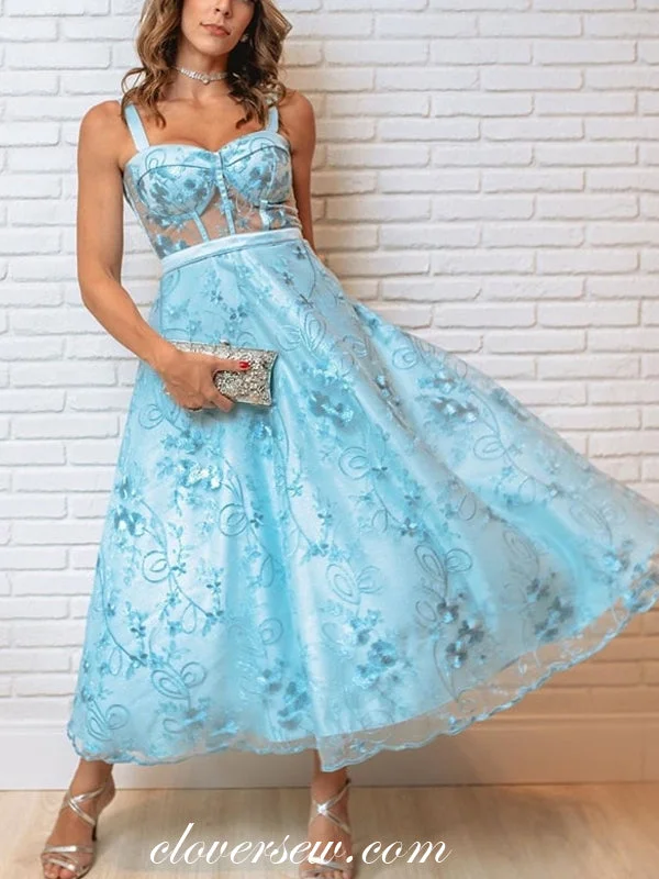 Blue Lace Sweet Sleeveless A-line Party Dresses, CP0697 Chiffon Maxi Beach