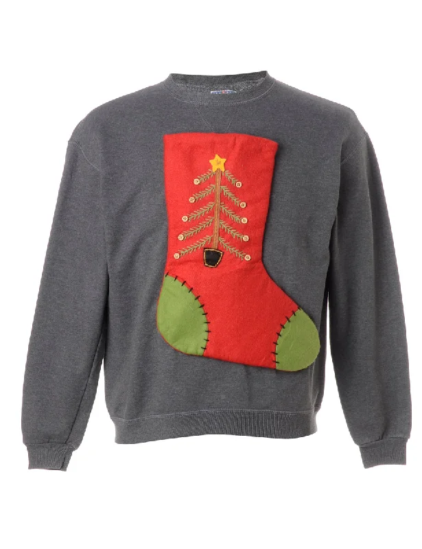 Reworked Novelty Christmas Sweatshirt - L Hoodie with Elastic Cuffs Stretchable Comfortable