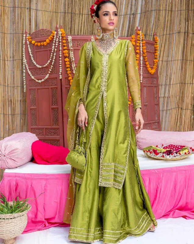 Raw Silk Green Kameez Sharara Pakistani Party Dresses Tunics Handmade artisanal