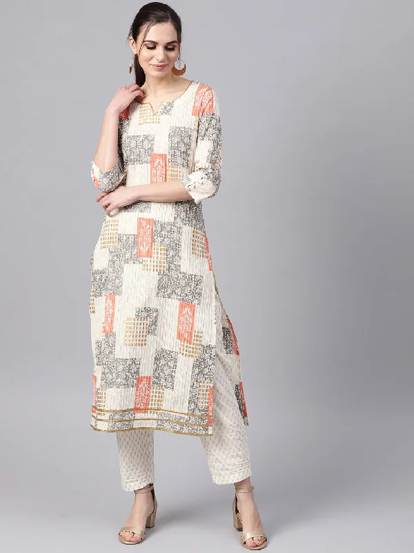 Women's Off White Printed Kurta With Printed Pants - Idalia Comfy High-Waist Jeans