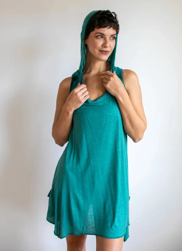 Pixie Sleeveless Hoodie Dress in Teal Hoodie with Hem Embroidery Detailed Premium