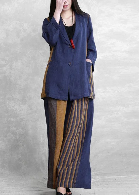 Retro fashion blue two-piece suit female casual small suit + wide-leg pants autumn style Trendy Wide-Legged Trousers