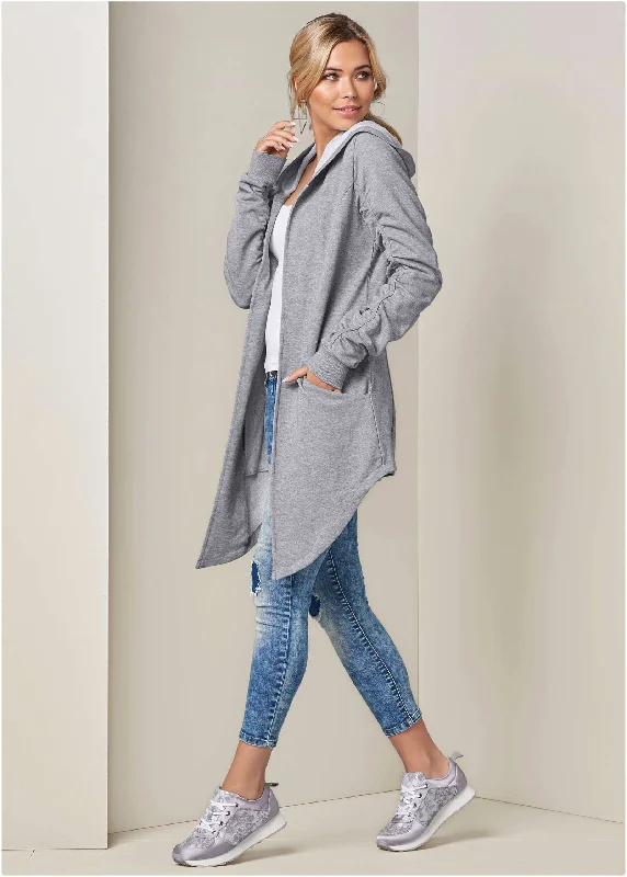 Asymmetrical Lounge Hoodie - Heather Grey Hoodie with Elastic Waist Stretchable Comfortable