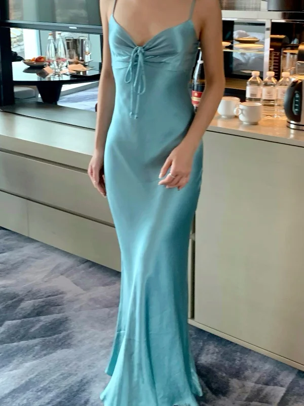 Blue Spaghetti Straps Mermaid Satin Long Party Dress Wedding Guest Dress, DP4593 Tunics Top rated