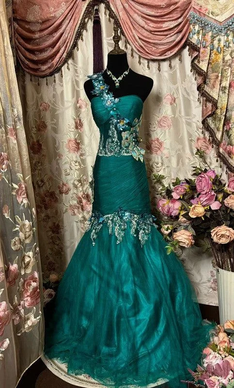 Green One Shoulder Appliques Tulle Mermaid Long Evening Gown Party Dress, DP4374 Satin Halter Glamorous