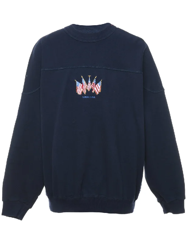 Guess Navy Embroidered Sweatshirt - L Hoodie with Typography Text Message