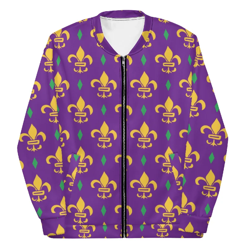 Purple Fleur De Lis Mardi Gras Unisex Bomber Jacket Relaxed Varsity Bomber