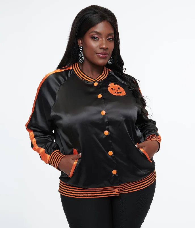 Unique Vintage Plus Size Black & Orange Scream Queen Satin Bomber Jacket Sleek Satin Bomber