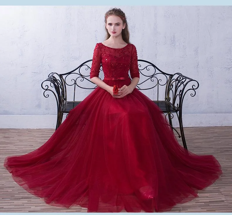 Wine Red Short Sleeves Beaded Tulle Wedding Party Dress, A-Line Tulle Long Prom Dress   cg21919 Tunics Lace romantic