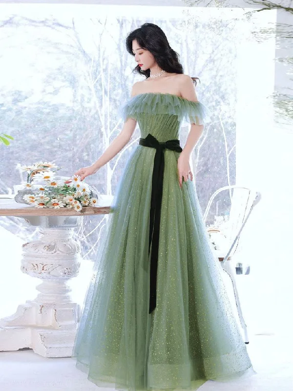 A line Green Long Prom Dresses, Green Tulle Formal Graduation Party Dress   cg24988 Tunics Party sparkling