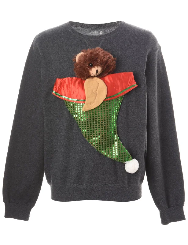 Reworked Novelty Christmas Sweatshirt - M Hoodie with Mock Neck Collared Structured