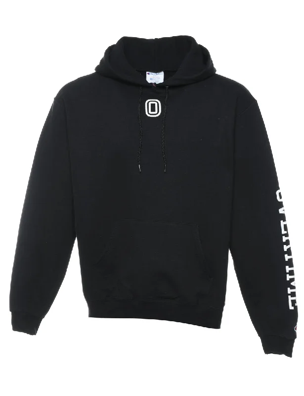 Champion Black & White Printed Hoodie - L Hoodie with Hem Raw Edge Edgy Unfinished