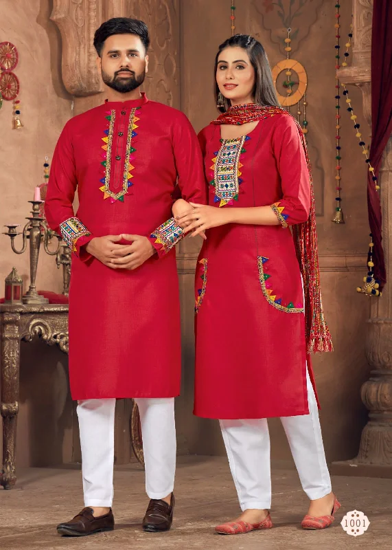 Navratri Special Couple combo of Kurta with Pajama & Kurti with Pants & Dupatta Dress Trendy Printed Pants