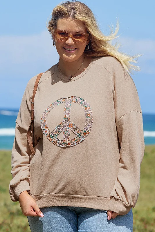 Floral Peace Sign Graphic Washed Terry Plus Size Sweatshirt Hoodie with Crew Neck Simple Timeless