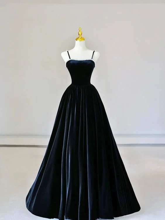 Spaghetti Strap Velvet Long Prom Dress with Pearls, Black Evening Dress Party Dress   cg25041 Tunics Plaid country