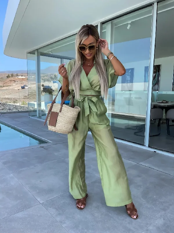 Spring Summer Comfort Casual Deep V Plunge Neck Solid Color Silk Waist Lace up Straight Leg Pants Suit Trendy Printed Pants