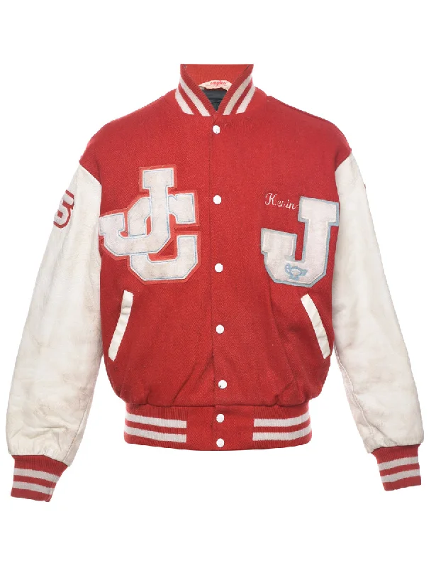 Red Letterman Bomber Jacket - L Fuzzy Oversized Bomber