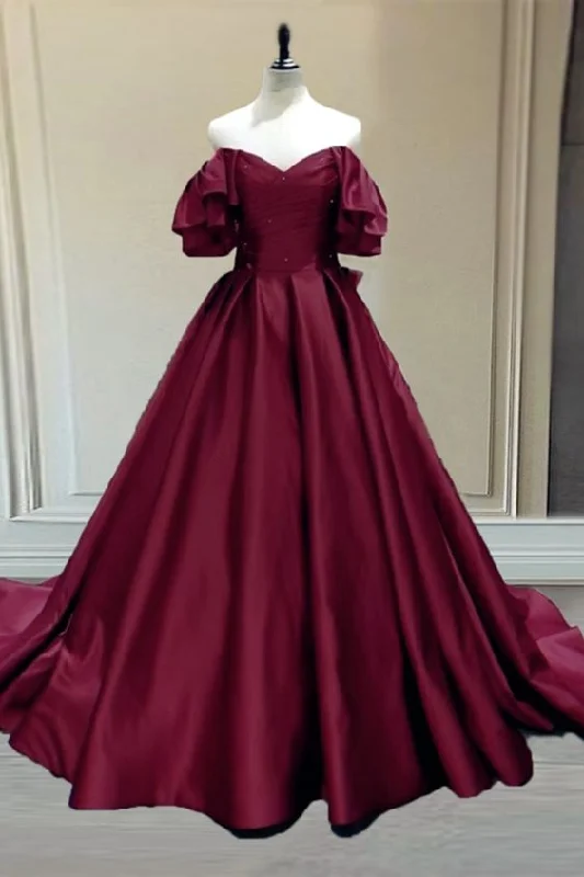 Burgundy Ball Gown Satin Prom Dresses Off The Shoulder Wedding Party Dress    cg22311 Tunics Chinos classic