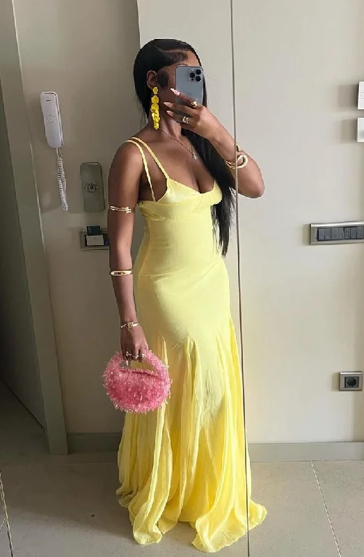 Yellow Spaghetti Straps Mermaid Long Party Dress Wedding Guest Dress DP3852 Tunics Prom sequined