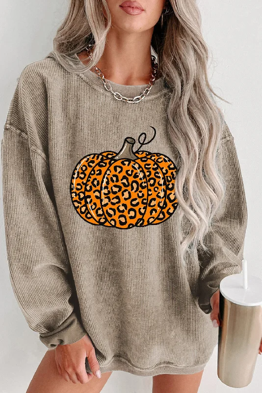 Halloween Leopard Pumpkin Graphic Corded Sweatshirt Hoodie with Strings Custom Fit Adjustable