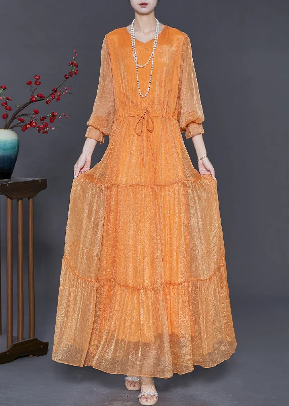 Loose Orange Cinched Chiffon Party Dress Spring Tunics Fashionable trendy