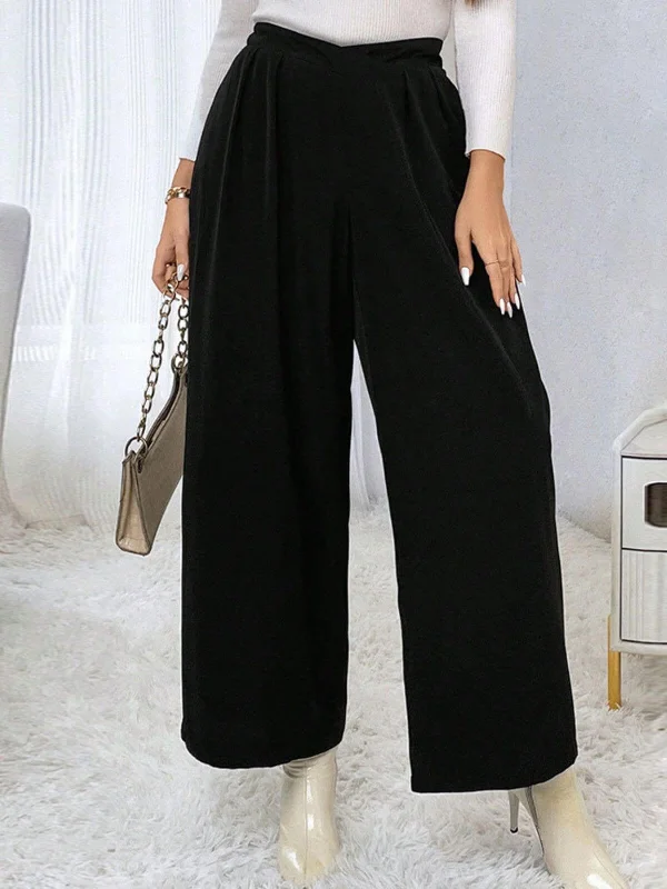 [Plus Size] Black 1940s Solid Pleated Waist Straight Pants Casual Sweatpants Style