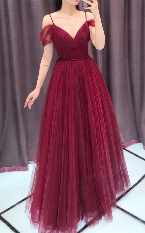 Wine Red Straps Off Shoulder A-Line Tulle Evening Dress Party Dress, Dark Red Prom Dress Formal Gown   cg22521 Tunics Floral girly