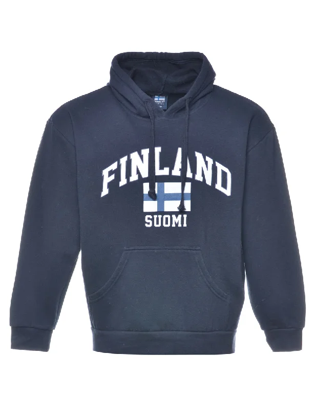 Navy Finland Printed Hoodie - S Hoodie with Snap Buttons Easy Quick