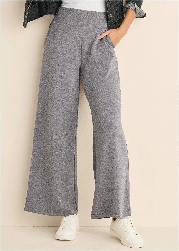 Double Knit Wide Leg Pants - Medium Heather Grey Casual Drawstring Pants