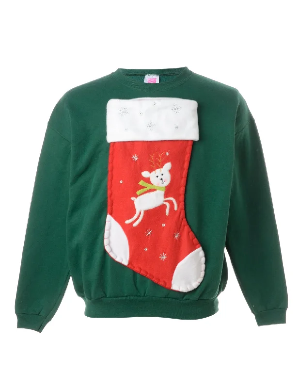 Reworked Novelty Christmas Sweatshirt - XL Hoodie with Zipper Placket Modern Functional