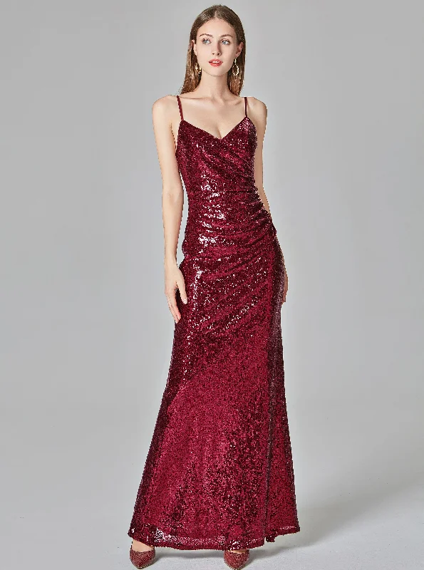 Sexy Burgundy Prom Dresses V-neck Sequined Mermaid Evening Party Dresses E90811 Boat Neckline Classic