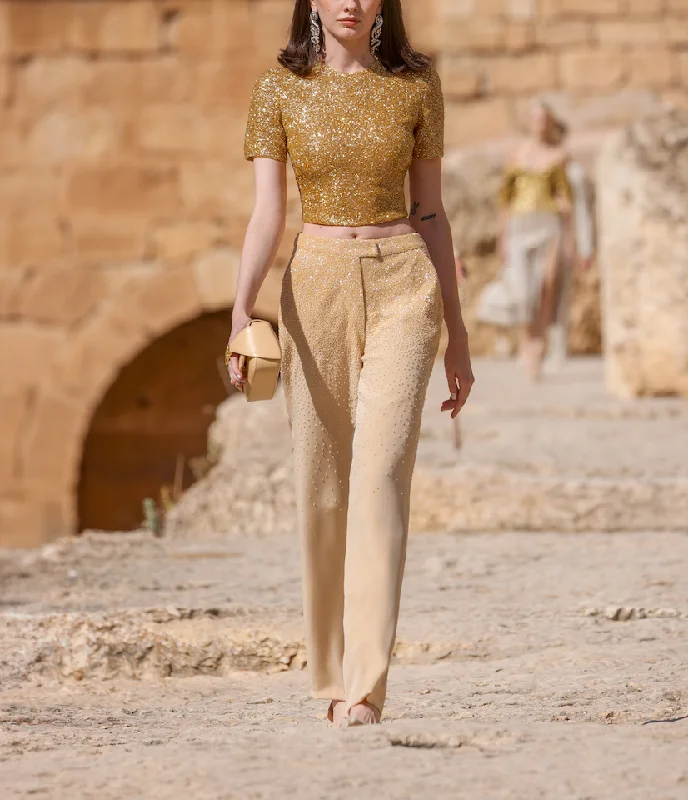 Beaded Short Sleeve Top & Pants Modern Stretch Trousers