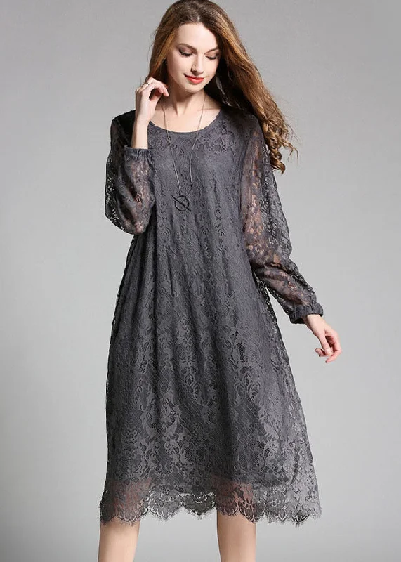 Grey Solid Lace Party Dress O-Neck Hollow Out Long Sleeve Tunics Fleece cozy