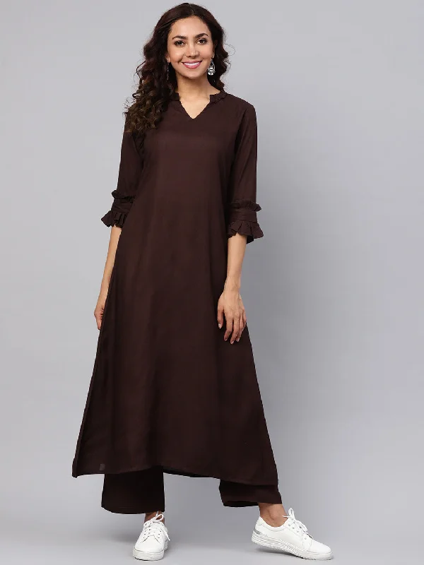 Women's Maroon A-Line Kurta With Palazzo Pants - Idalia Cozy Fitted Pants