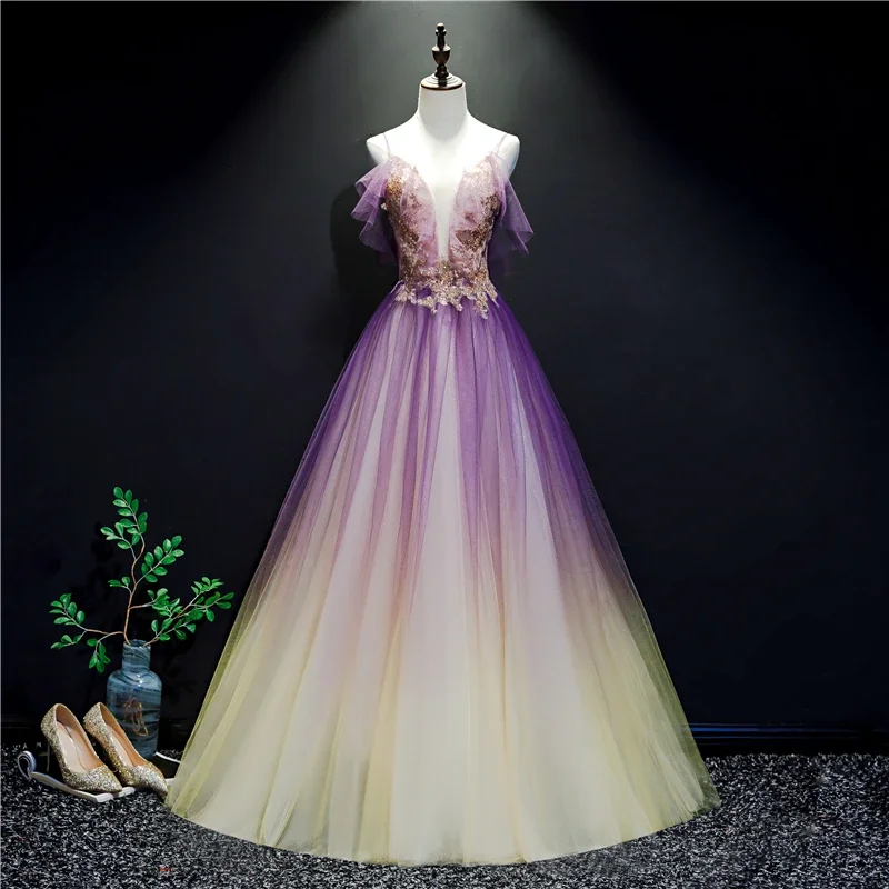 Purple And Yellow Gradient V-Neckline Straps Tulle Evening Gown, Long Prom Dress Party Dress    cg22030 Mermaid Tail Wedding