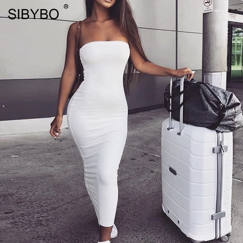 Sibybo Off Shoulder Strapless Sexy Women Dress Sleeveless Straight Long Bodycon Dress Backless Casual Autumn Party Dress Women Tunics Yoga stretchy