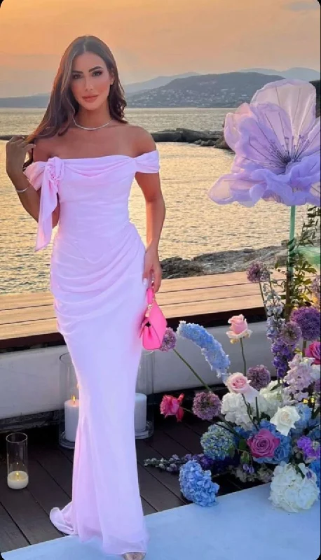 Elegant Pink Off Shoulder Mermaid Long Party Dress, DP4276 A-Line Day Work