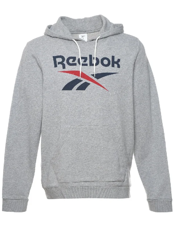 Reebok Printed Grey, Navy & Red Hoodie - L Hoodie with Longline Fit Extended Stylish