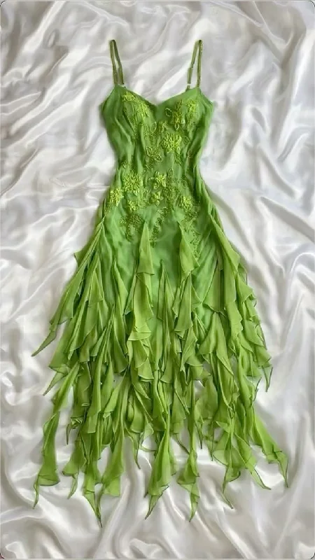 Green Vintage Spaghetti Straps Chiffon Prom Dress Party Dress      cg25069 Cowl Neckline Elegant