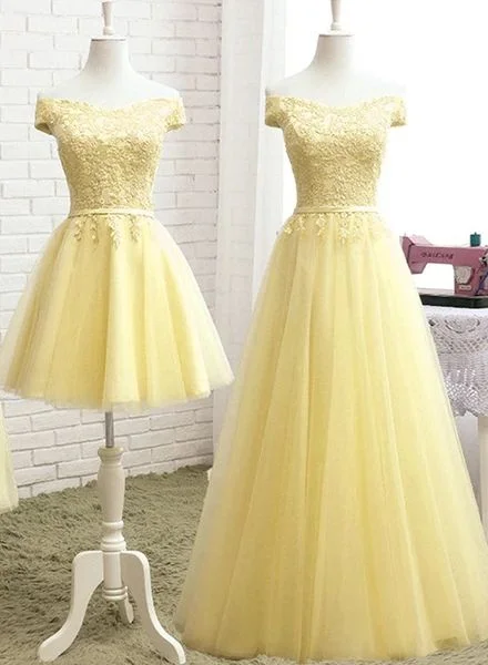 Fashion Light Yellow Tulle Off Shoulder Party Dress, Short Prom Dress    cg21938 Tunics Print Colorful