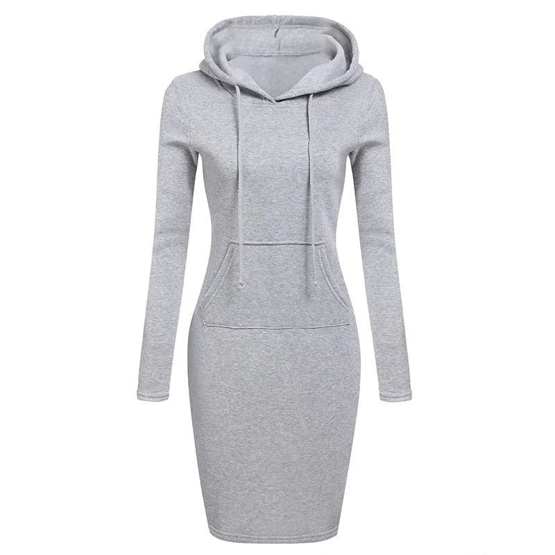 Autumn Winter Warm Sweatshirt Long-sleeved Dress Woman Clothing Hooded Collar Pocket Simple Casual lady Dress Vesdies Sweatshirt Hoodie with Raglan Sleeves Sporty Comfortable